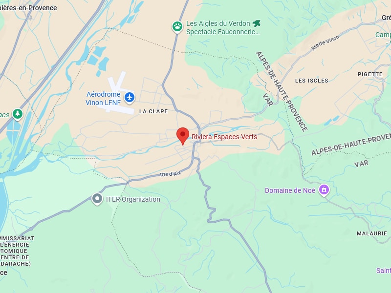Vinon-sur-Verdon, carte ITER Cadarache Alpes-de-Provence Carte de la zone de Riviera Espaces Verts, Aérodrome Vinon LFNF, Organisation ITER/CEA Cadarache. Limite Var/Alpes-de-Provence.